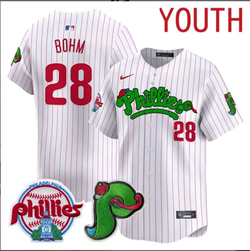Youth  Philadelphia Phillies #28 Bohm white with red strips Limited 2024 MLB Nike jersey